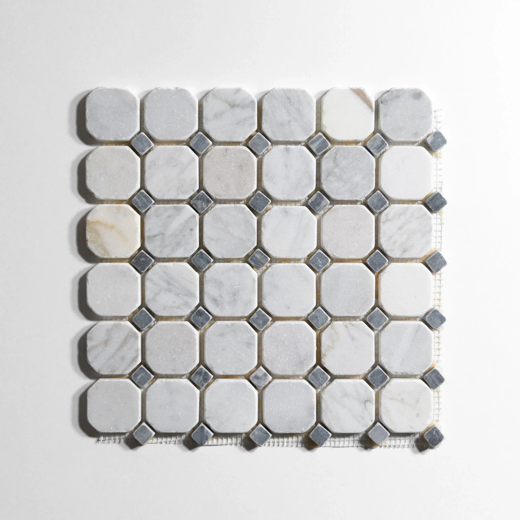 Antique Carrara and Bardiglio marble tile, octagon shape, soft white-gray and blue-gray
