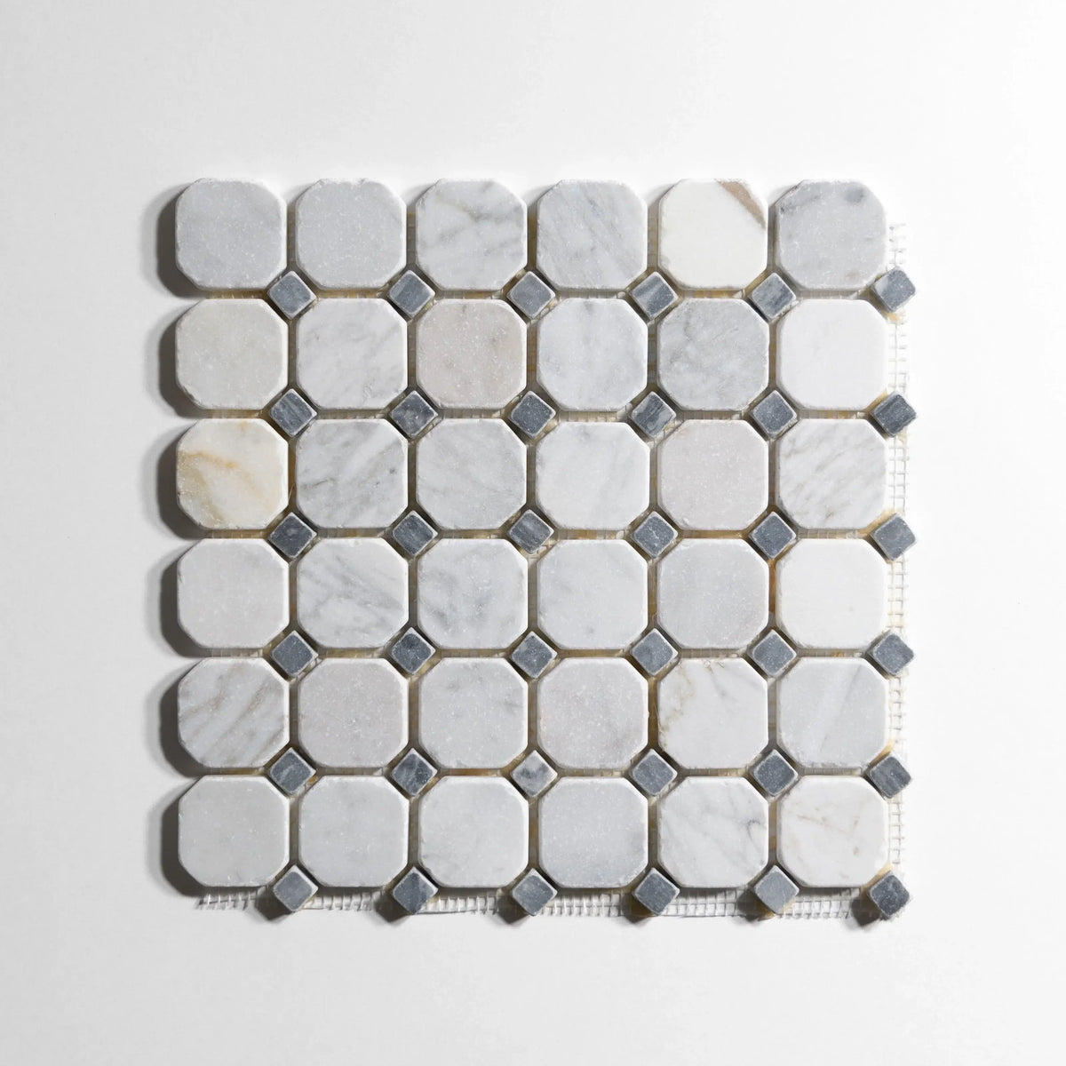 Antique Carrara and Bardiglio marble tile, octagon shape, soft white-gray and blue-gray