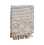 Cotton & Acrylic Throw w/ Fringe, Stripes & Gold Thread, Beige & White