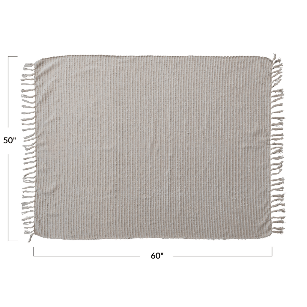 Cotton & Acrylic Throw w/ Fringe, Stripes & Gold Thread, Beige & White