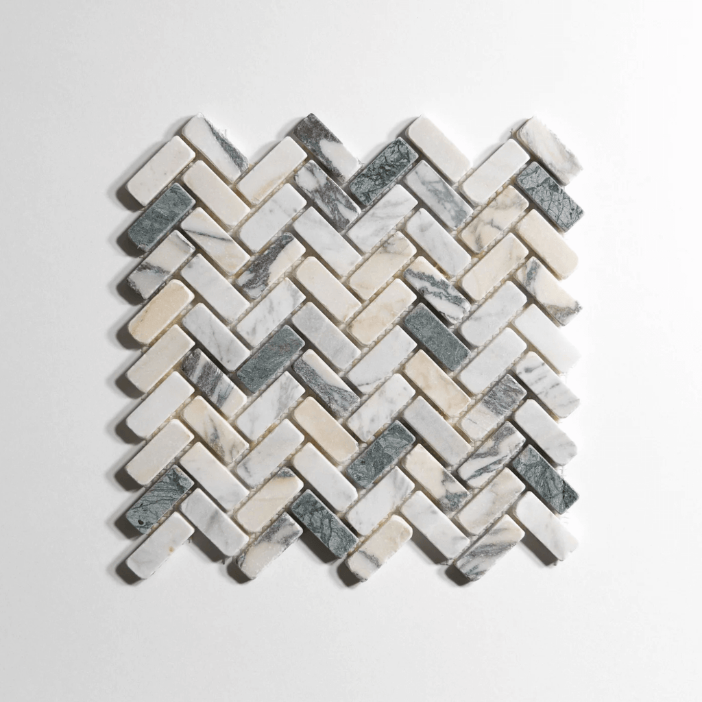 Monet marble mosaic, herringbone pattern, blended multicolor
