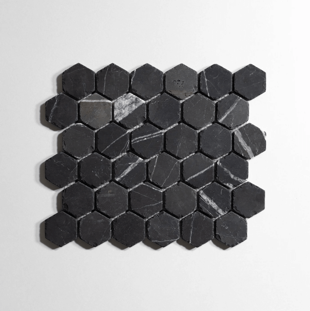 Nero St. Gabriel marble tile, hexagon shape, black with white veining