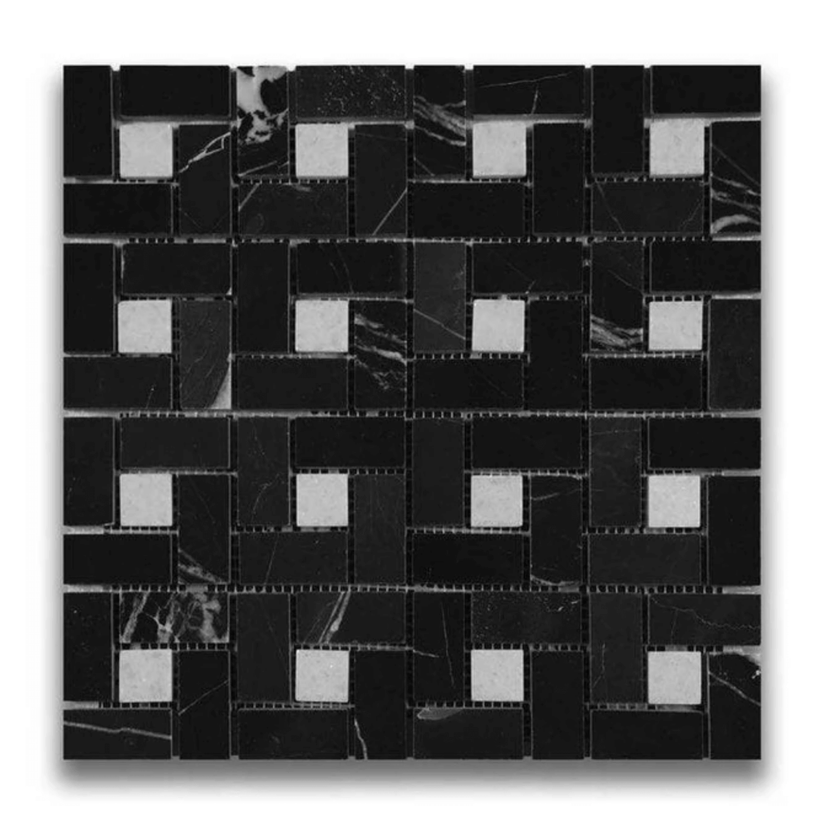 Nero St. Gabriel and Crystal White marble tile, dada mosaic pattern, black with white veining and bright white