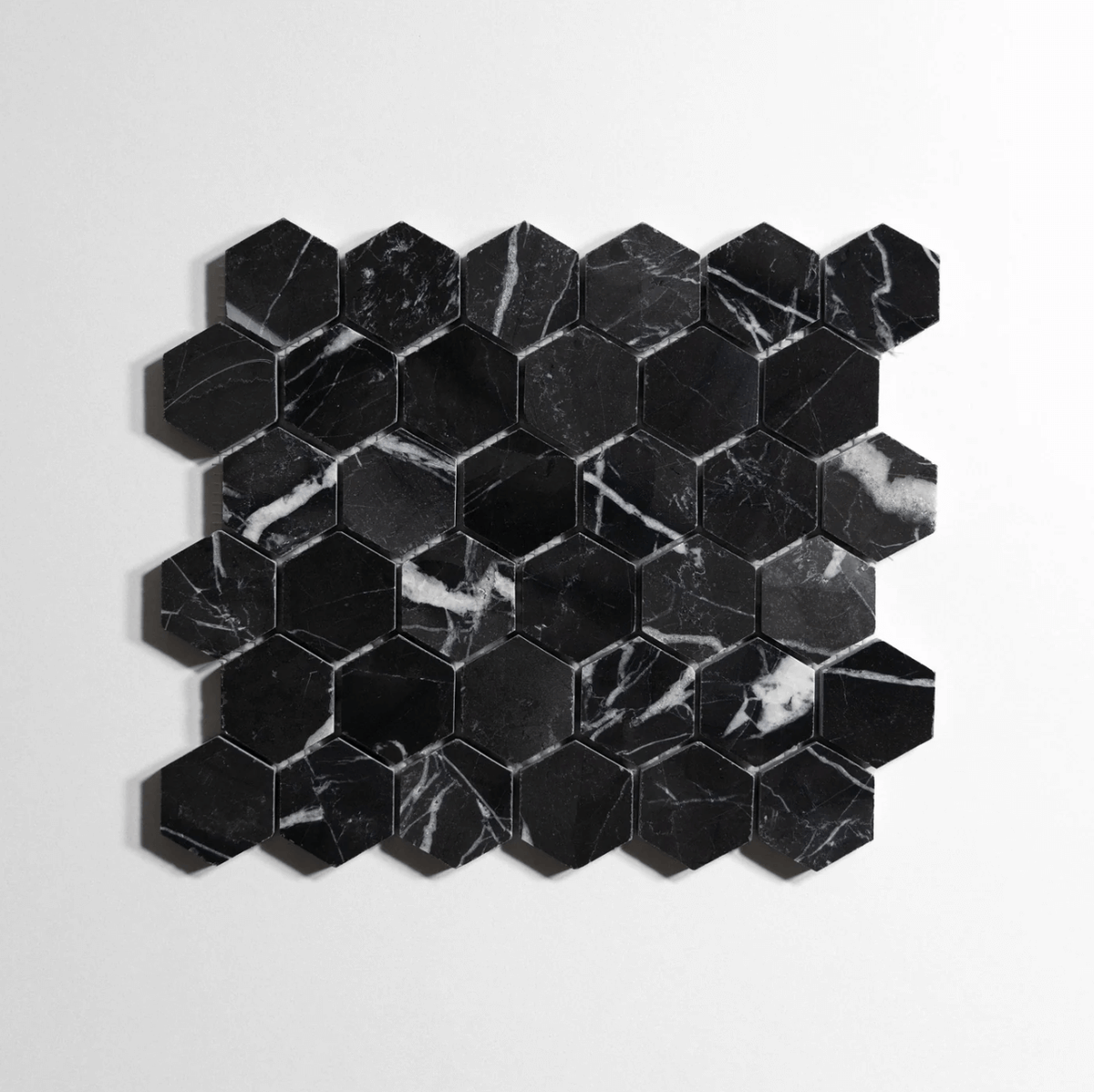 Nero St. Gabriel marble tile, hexagon shape, black with white veining, 2 inch