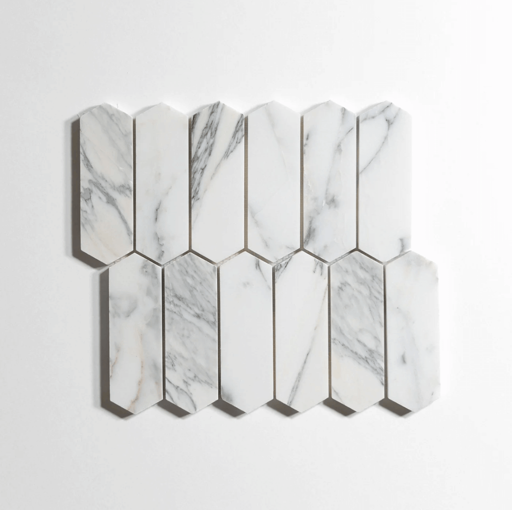 Calacatta marble tile, pickett mosaic pattern, white with dramatic gray veining