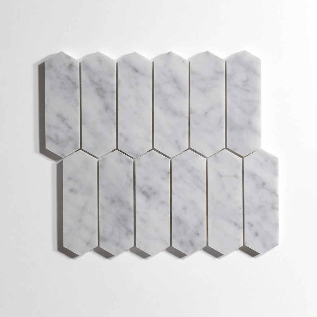 Venatino Carrara marble tile, pickett mosaic pattern, white with soft gray veining