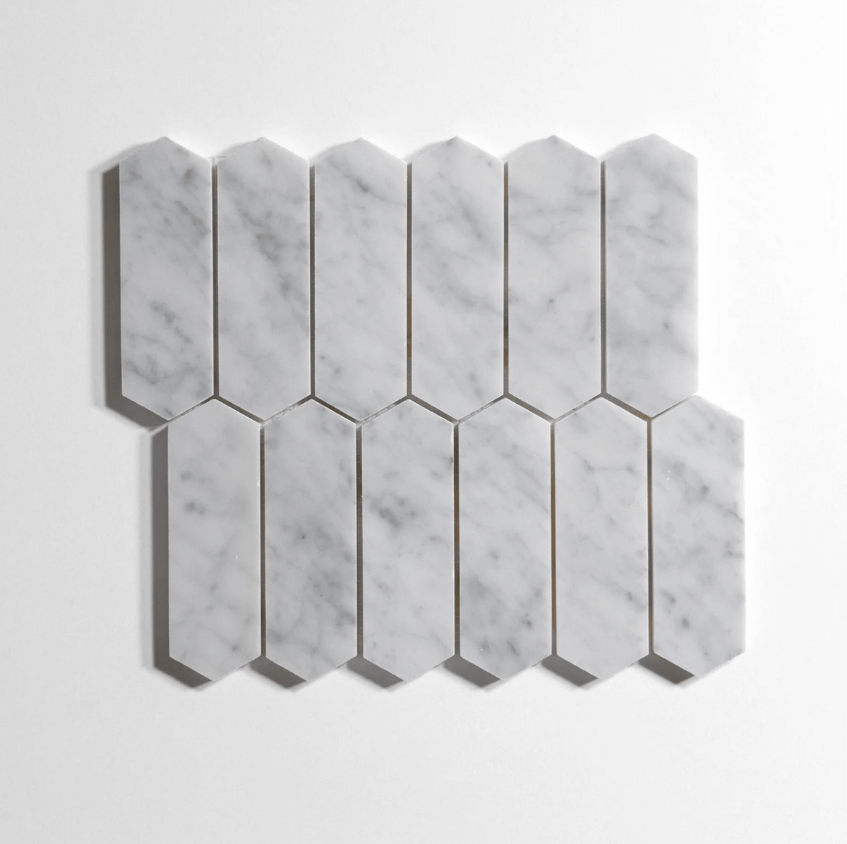 Venatino Carrara marble tile, pickett mosaic pattern, white with soft gray veining