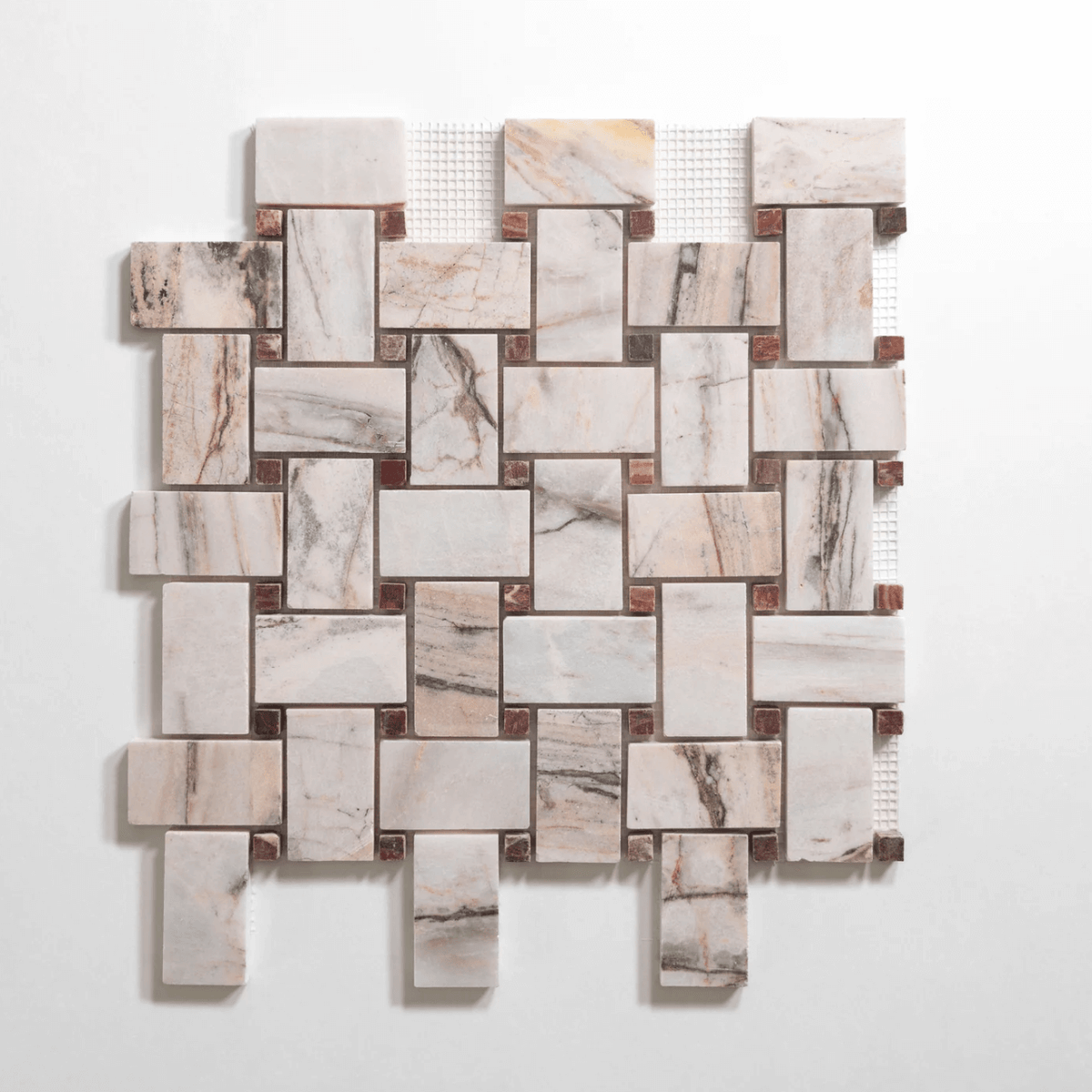 Rosewood and Red Onyx marble tile, basketweave pattern, reddish-brown and deep red