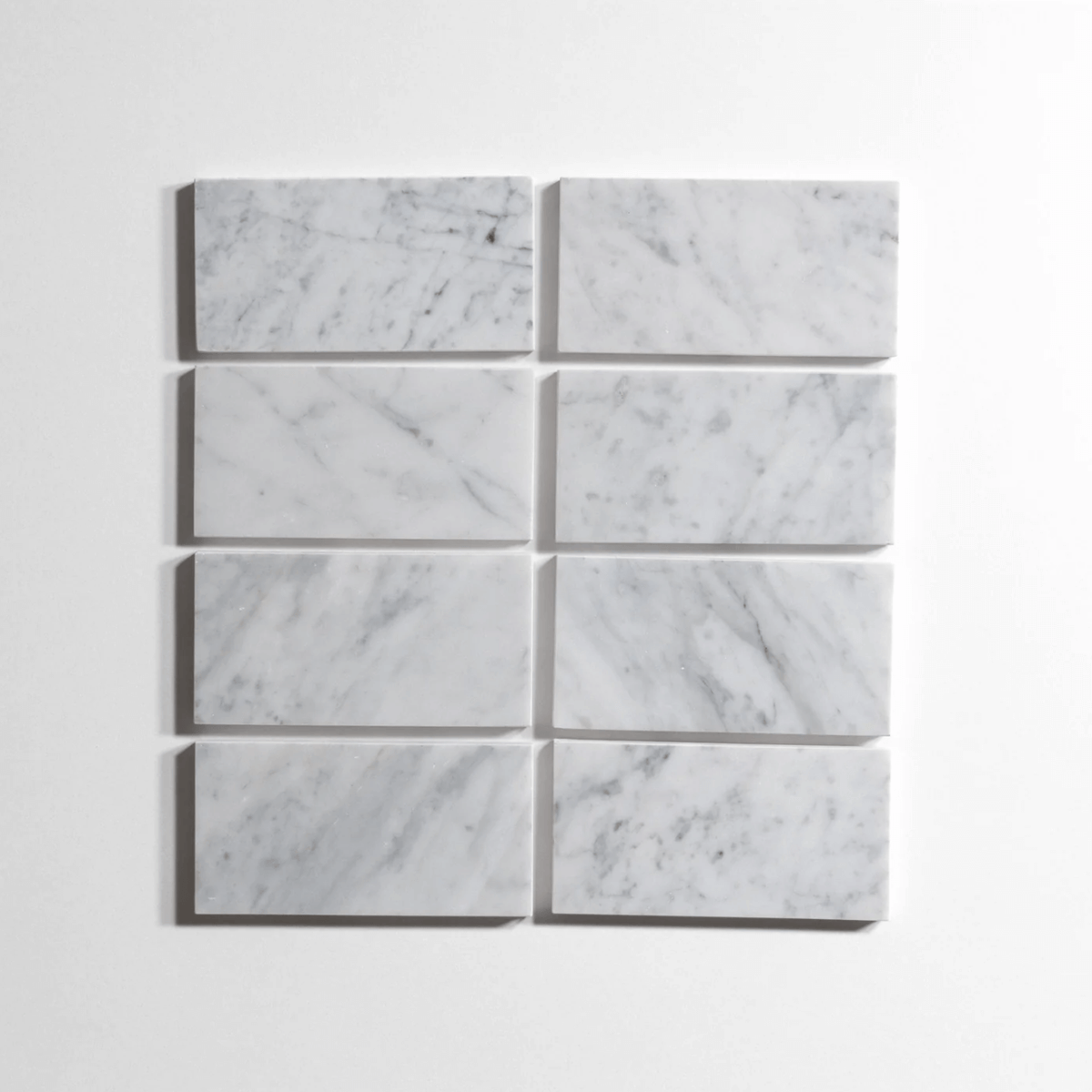 Venatino Carrara marble tile, white with soft gray veining, 3x6 inch