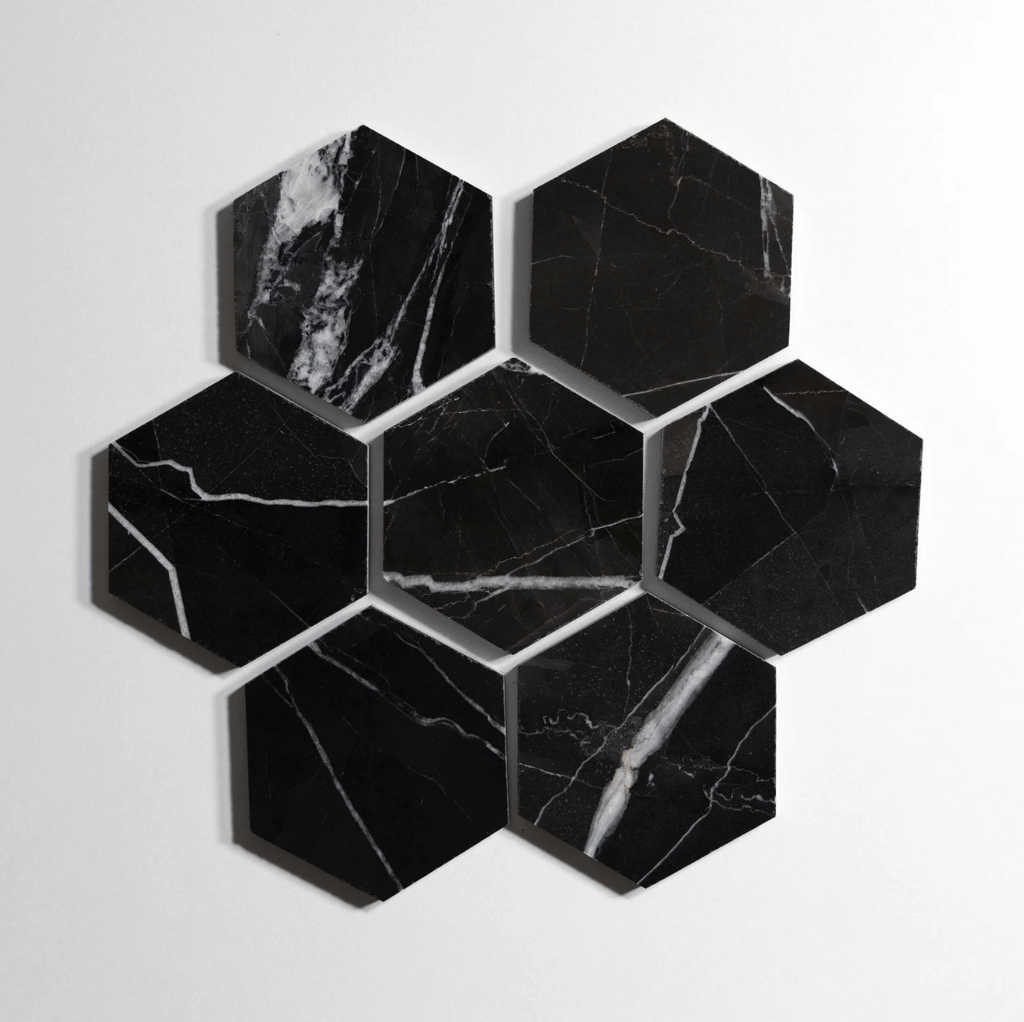 Nero St. Gabriel marble tile, hexagon shape, black with white veining, 5 inch
