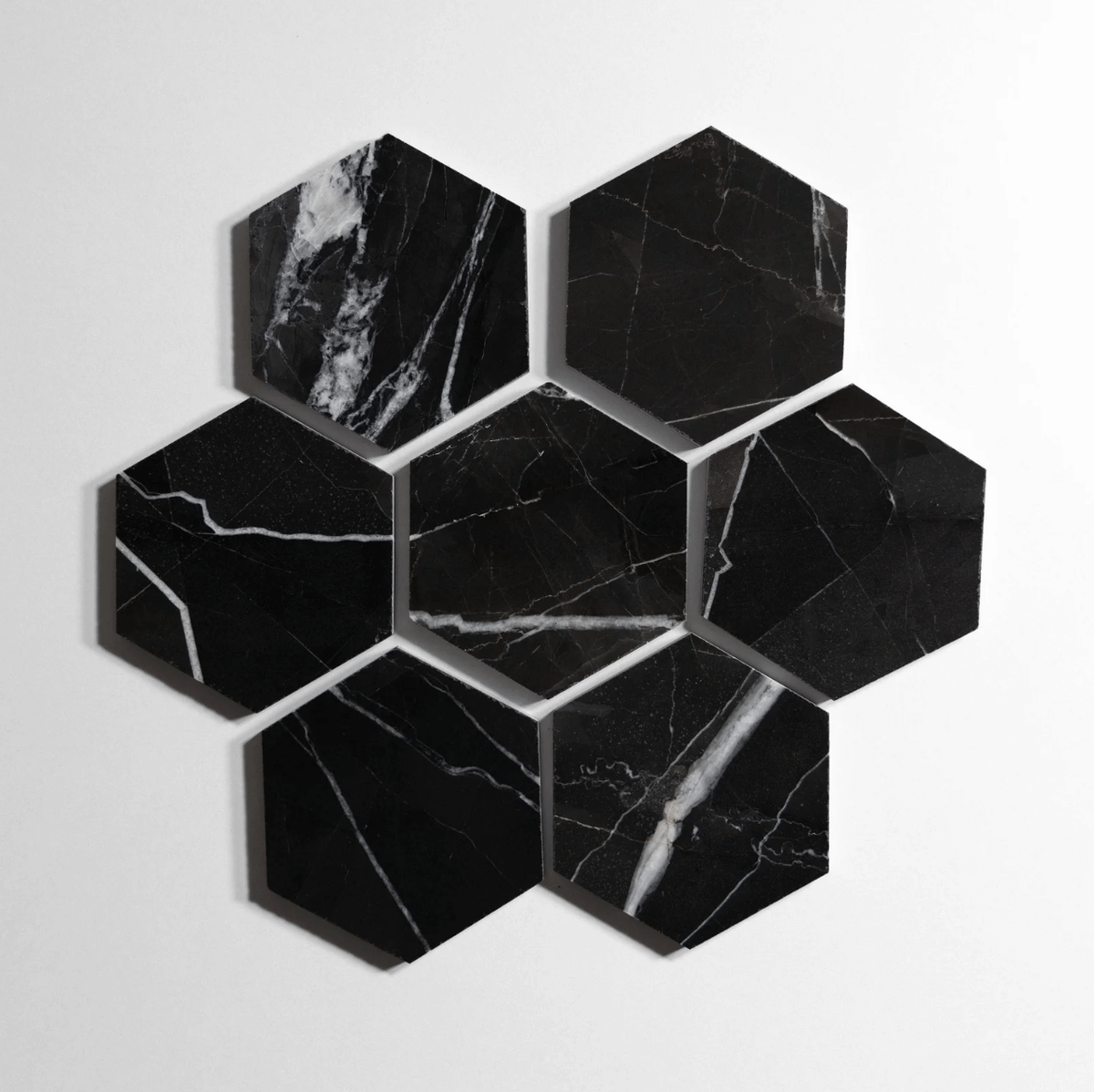 Nero St. Gabriel marble tile, hexagon shape, black with white veining, 5 inch