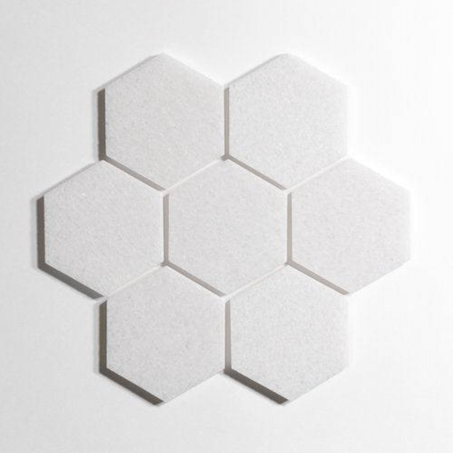 Crystal White marble tile, hexagon shape, bright white, 5 inch