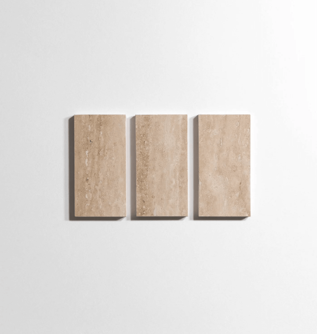 Durango Venato travertine tile, beige with subtle veining, 3x6 inch