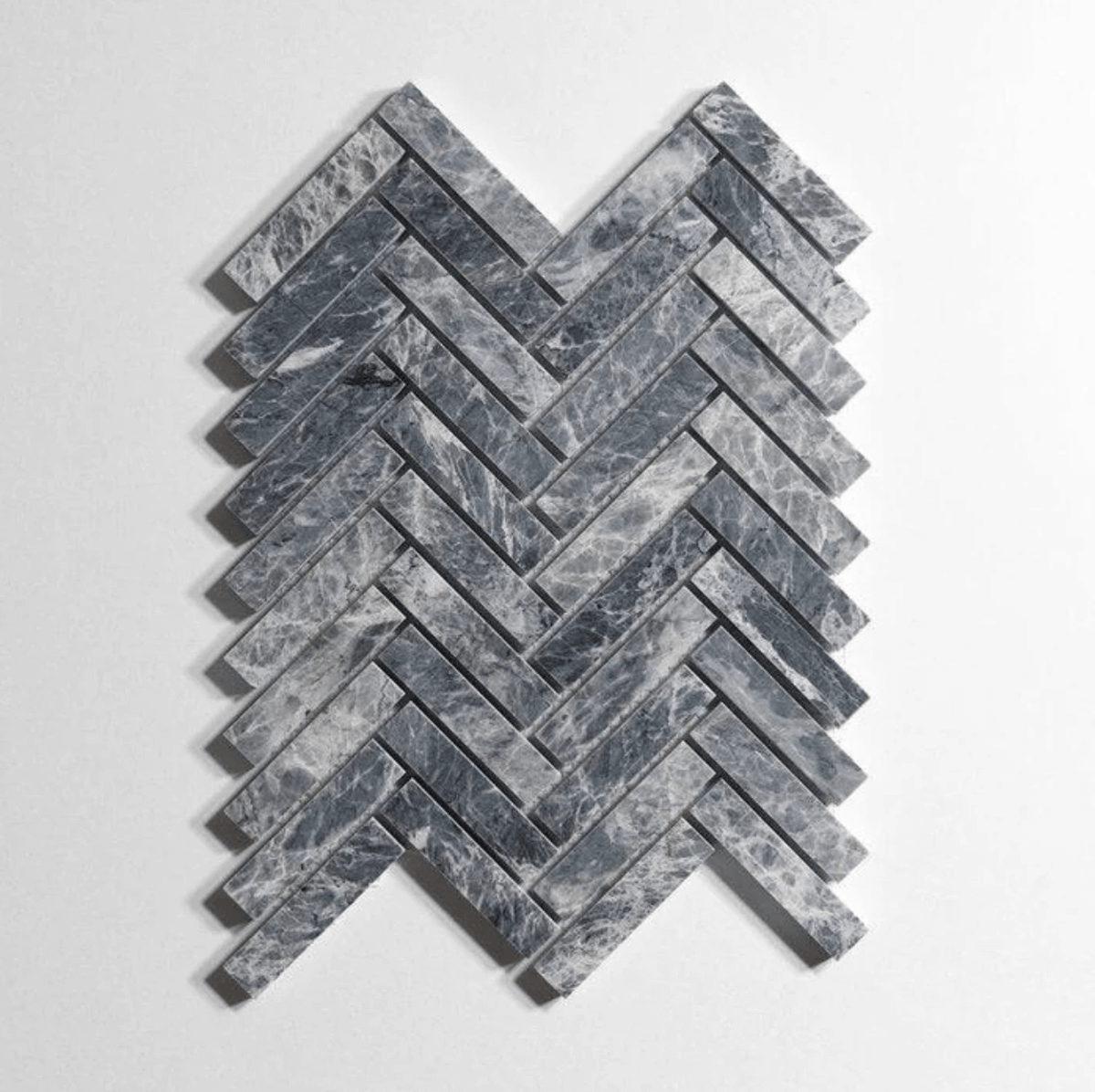 Riviera Gray marble tile, herringbone pattern, cool gray