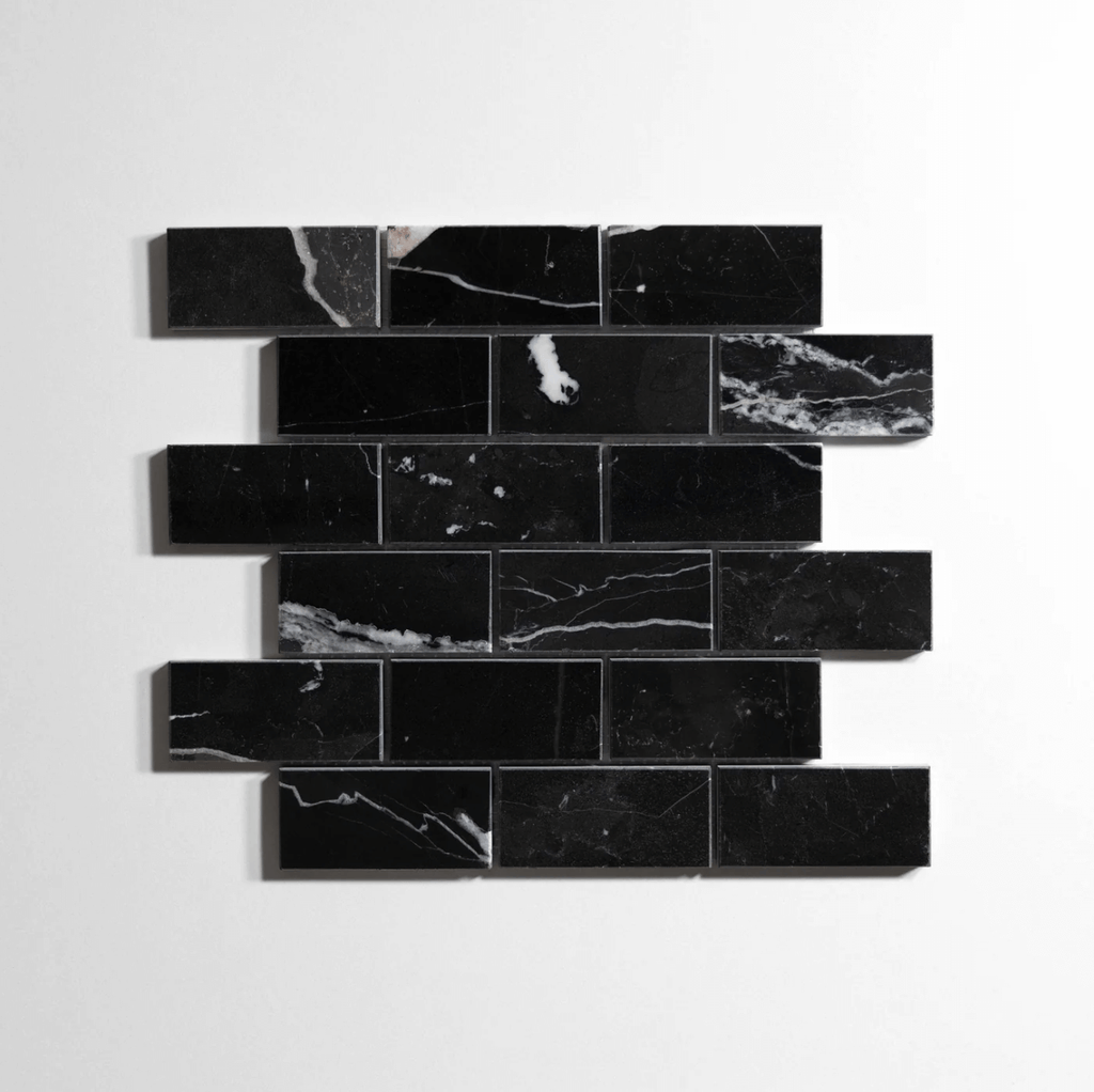 Nero St. Gabriel marble tile, brick shape, black with white veining, 2x4 inch