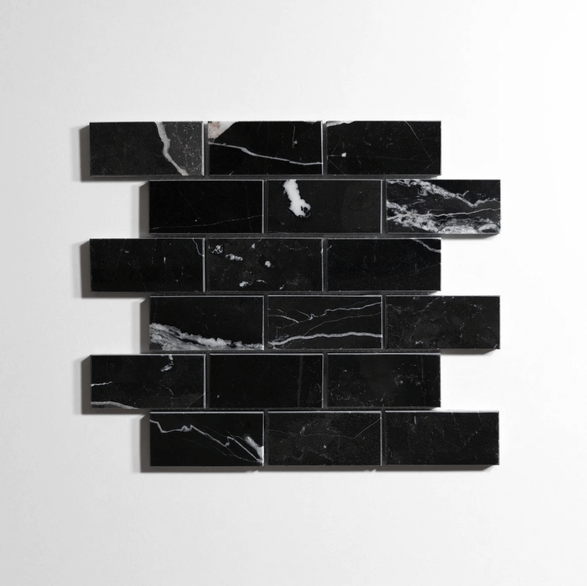 Nero St. Gabriel marble tile, brick shape, black with white veining, 2x4 inch
