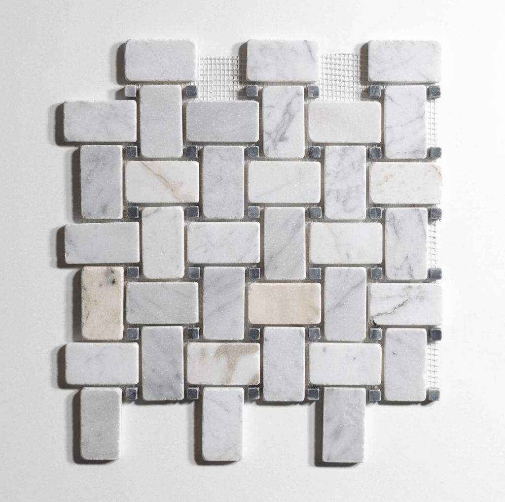 Antique Carrara marble tile, basketweave pattern, soft white-gray