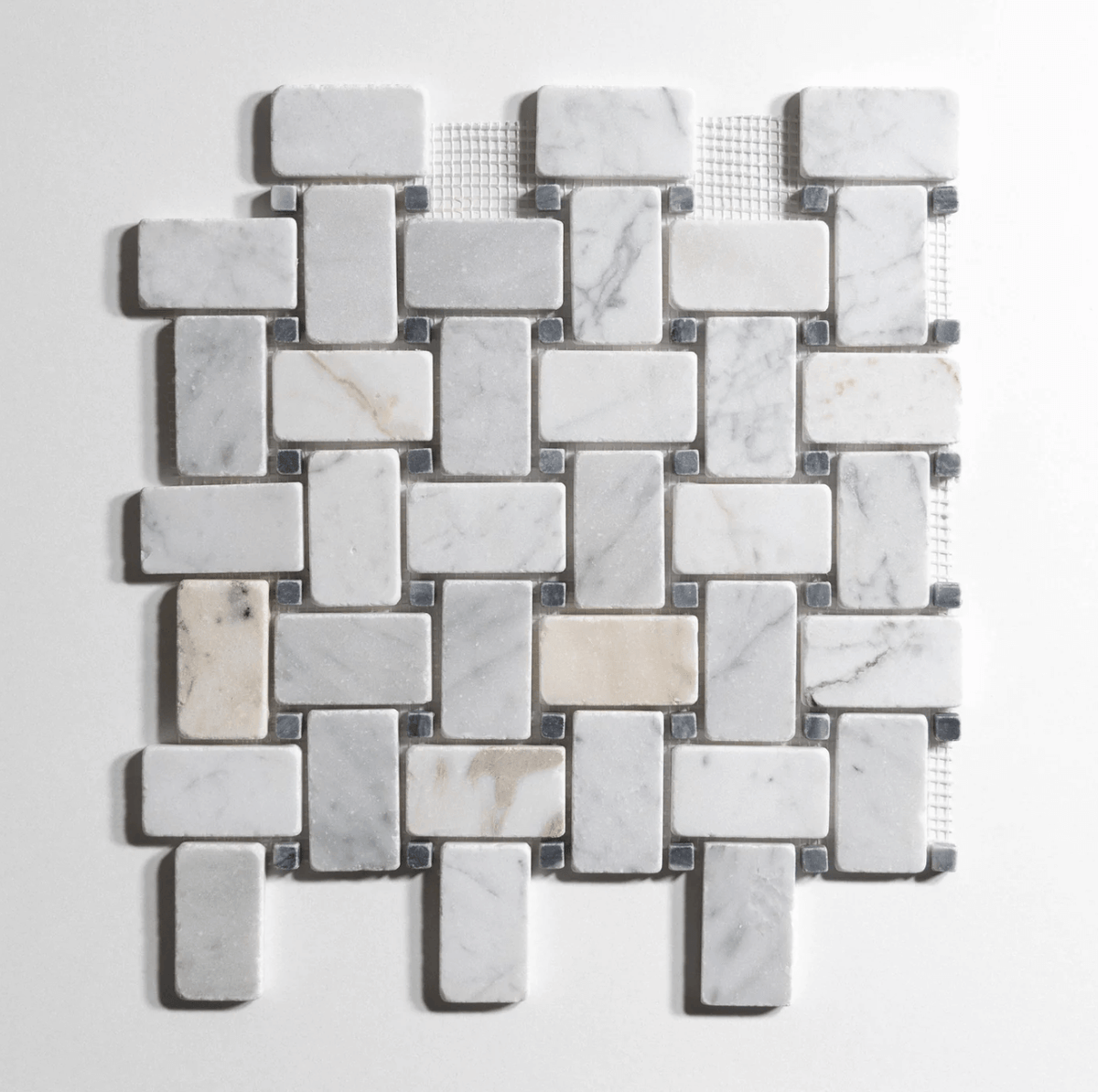Antique Carrara marble tile, basketweave pattern, soft white-gray