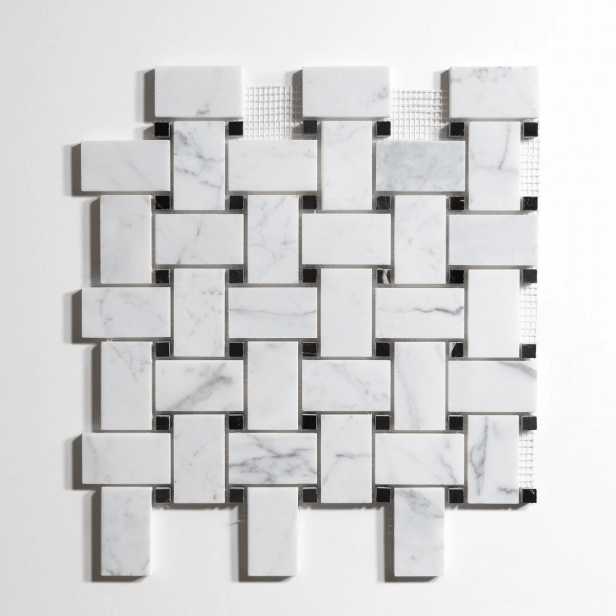 Statuary and Nero St. Gabriel marble tile, basketweave pattern, white with soft gray veining and black with white veining