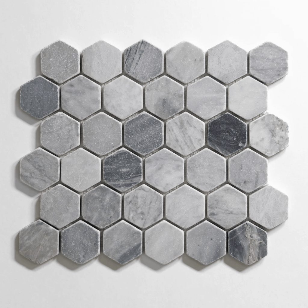 Bardiglio marble tile, hexagon shape, blue-gray, 2 inch