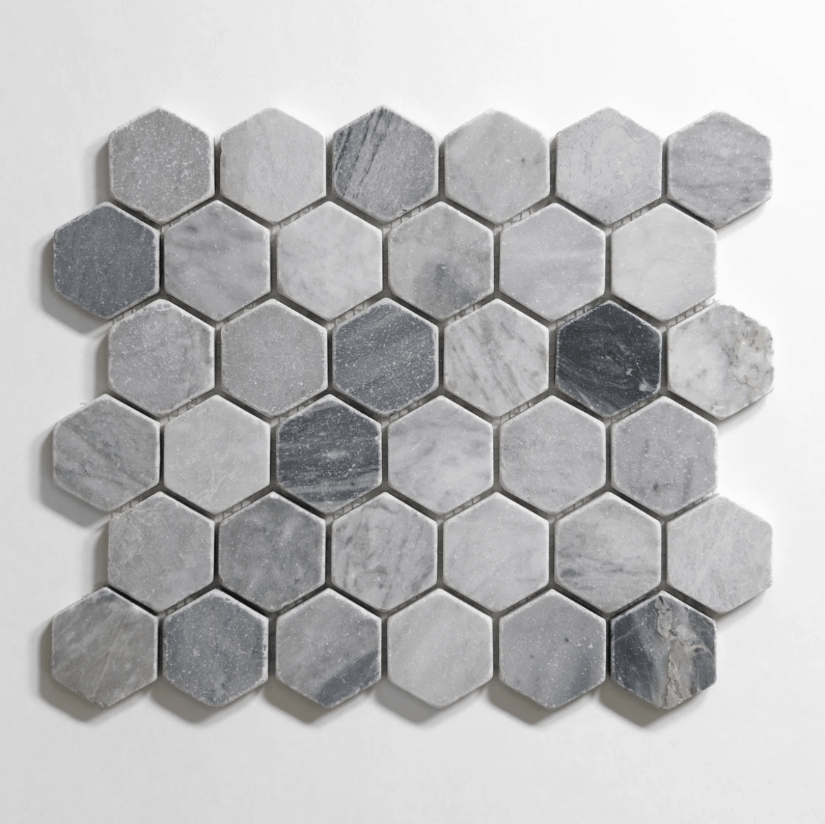 Bardiglio marble tile, hexagon shape, blue-gray, 2 inch