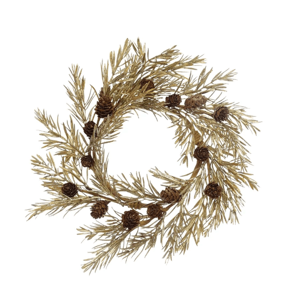 Round Faux Pine Wreath with Pinecones, Gold Finish