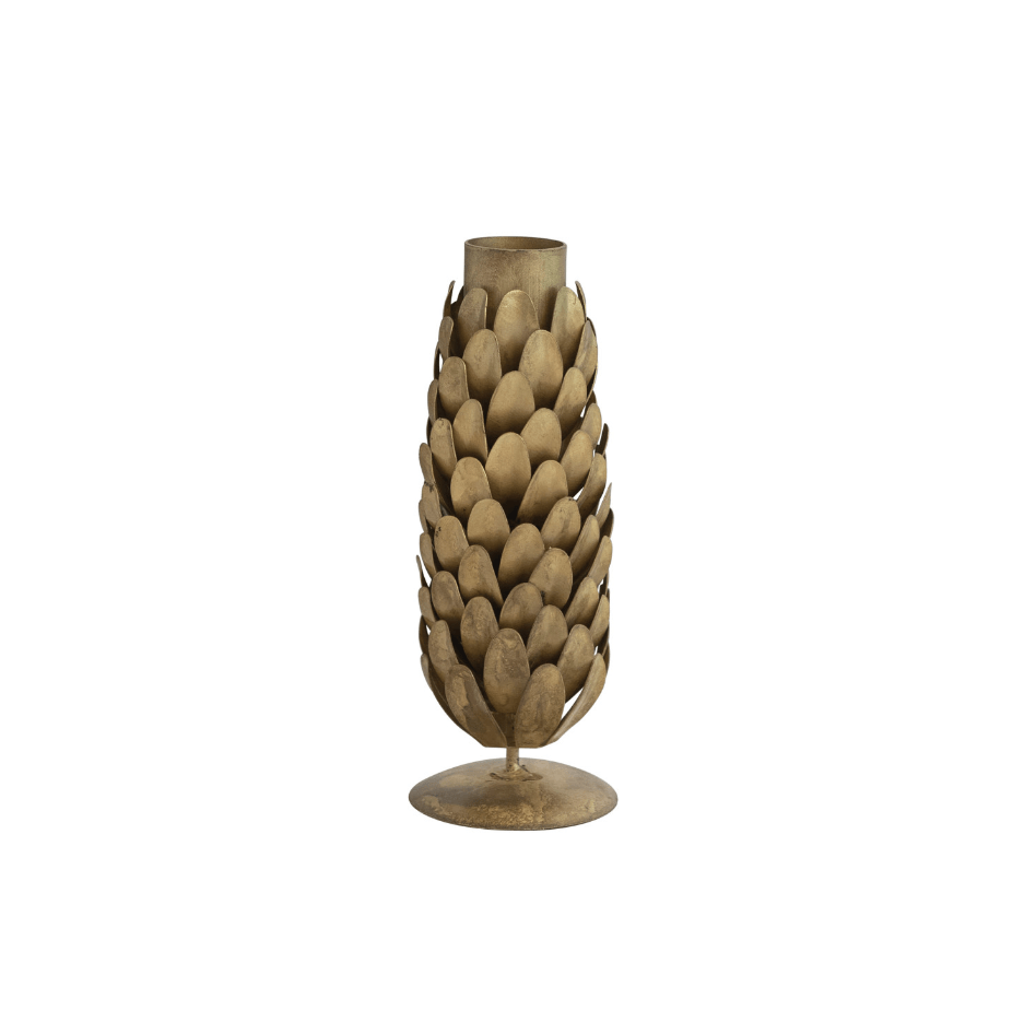 Metal Pinecone Taper Holder, Antique Brass Finish
