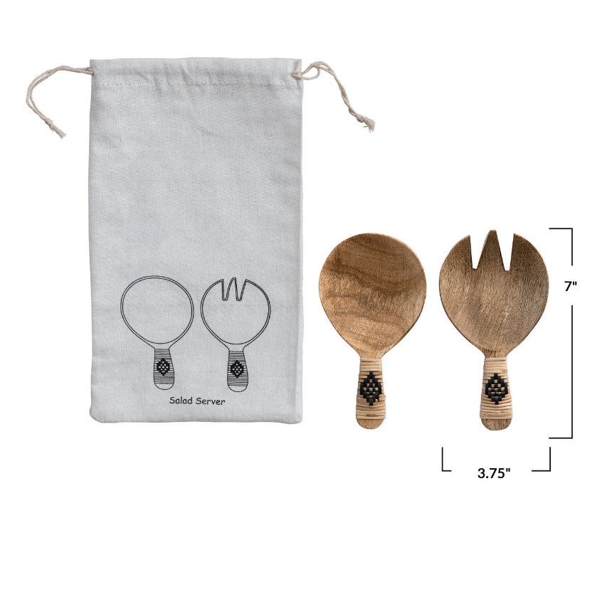 Mango Wood Salad Servers w/ Bamboo Wrapped Handles, Set of 2