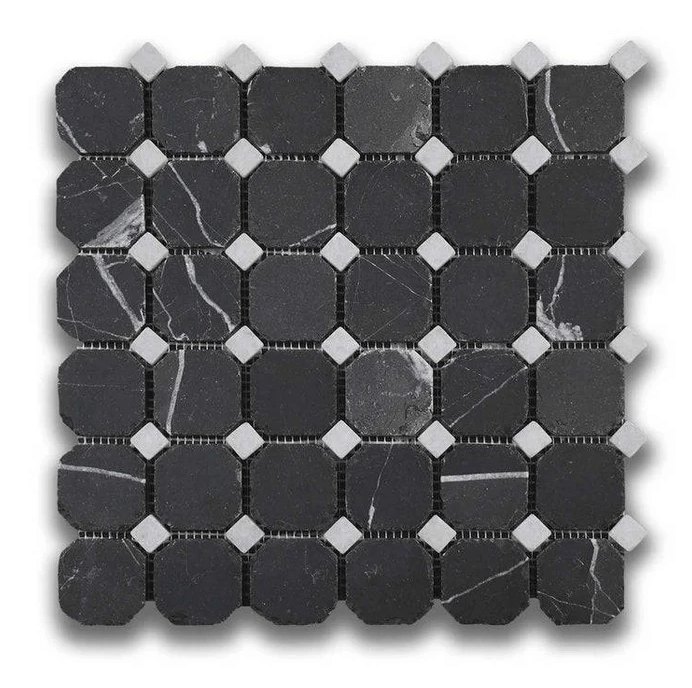 Nero St. Gabriel and Venatino Carrara marble tile, mosaic, black with white veining and white with soft gray veining