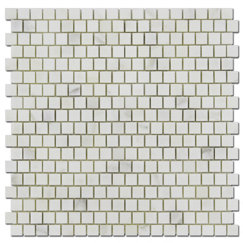 Offset Calacatta Oliva marble mosaic tiles, 5/8"x5/8", polished finish, ideal for bathrooms and kitchens.