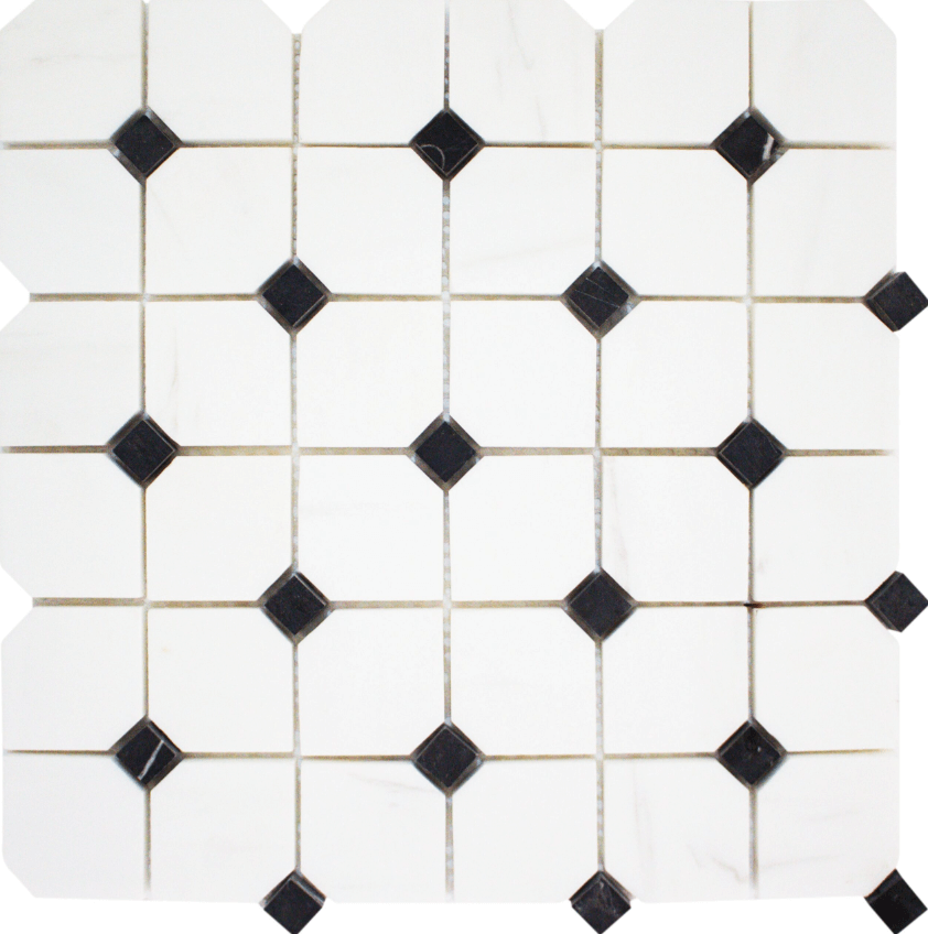 Bianco Venato & Black Dot Polished 2" Hex Marble Mosaic tile, perfect for bathrooms and kitchens, sold by piece.
