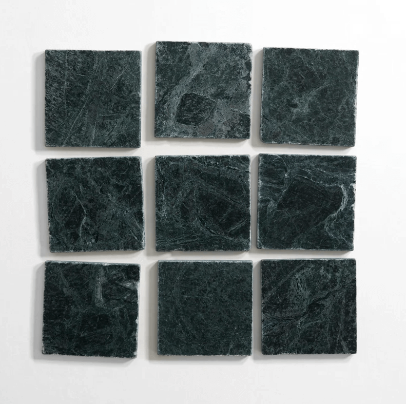 Guatemala Green 4"x4" tumbled tile showcasing rich dark green tones with natural veining, ideal for custom finishes.