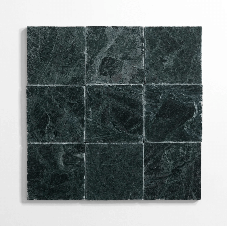 Guatemala Green 4"x4" tumbled tile with rich green tones and dark veins, perfect for custom finishes and sizes.