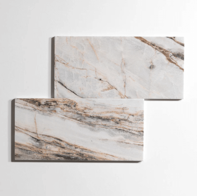 Rosewood 6x12 polished marble tile showcasing unique veining in off-white, burgundy, and soft blue hues.