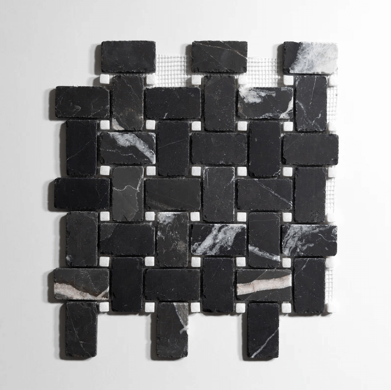 Nero St. Gabriel crystal white basket weave mosaic tile showcasing deep black and bright white veining design.
