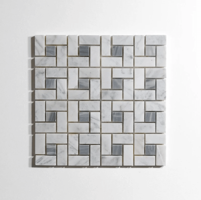 Venatino Carrara and Bardiglio Dada Mosaic tile with a polished finish, ideal for modern and traditional decor.