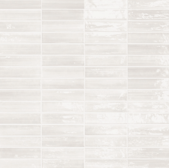 Dolcevita Brick 2.5" x10" tile collection, featuring glossy white tile with craquelure effects and traditional Vietri patterns.