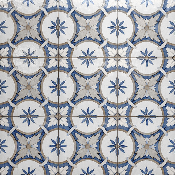 Dolcevita 10"x10" Deco Tile Collection featuring intricate blue and white Vietri ceramic patterns.