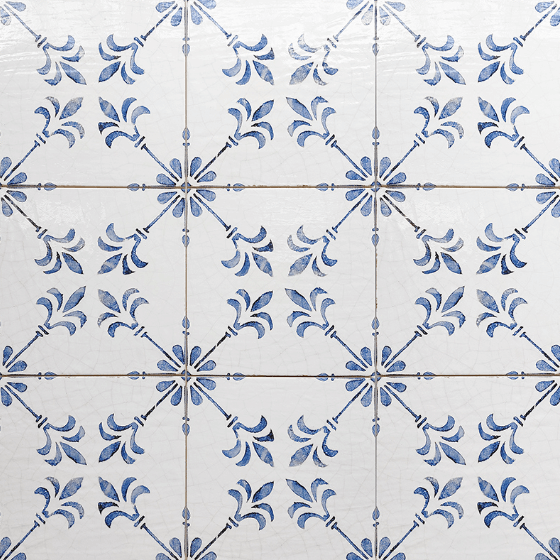 Dolcevita 10"x10" Deco Tile Collection featuring blue and white traditional Vietri ceramic patterns.