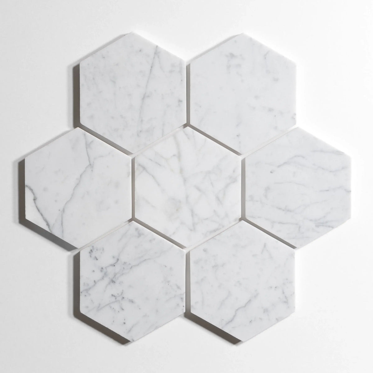 Statuary marble tile, hexagon shape, white with soft gray veining, 5 inch
