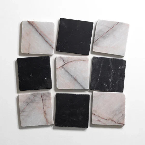Rosewood and Nero St. Gabriel marble tile, checkered pattern, reddish-brown and black with white veining, 4x4 inch