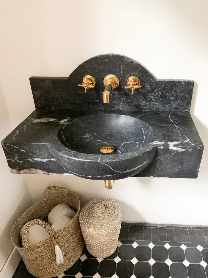 Athena marble floating vanity, black with white veining