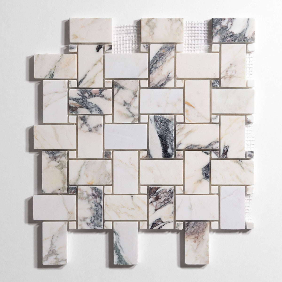 Calacatta Viola marble tile, basketweave pattern, white with violet-gray veining
