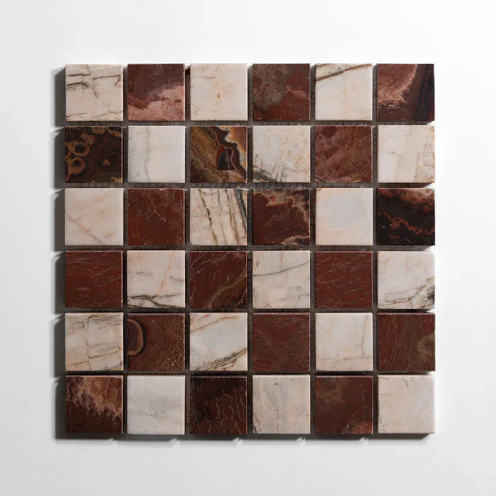 Red Onyx and Rosewood tile, checkered pattern, deep red and reddish-brown, 2x2 inch