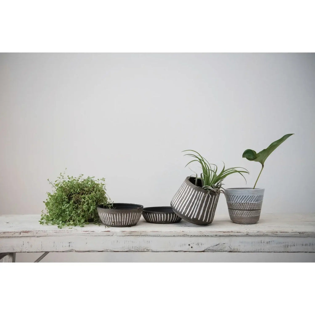 Hand-Painted Debossed Planter and Saucer, Set of 2