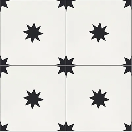 Estrellas White 8x8" tile showcasing intricate star pattern in black and white, ideal for elegant home decor.