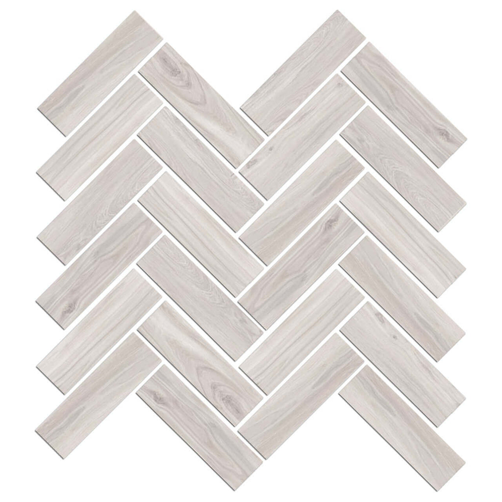 Mood Wood mosaic, herringbone pattern, glazed wood-look, 12x15 inch